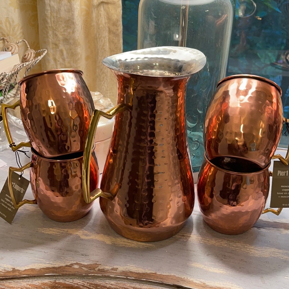 NWT Pier 1 Hammered Copper Pitcher + 4 Mugs *NEW* - Picture 1 of 5
